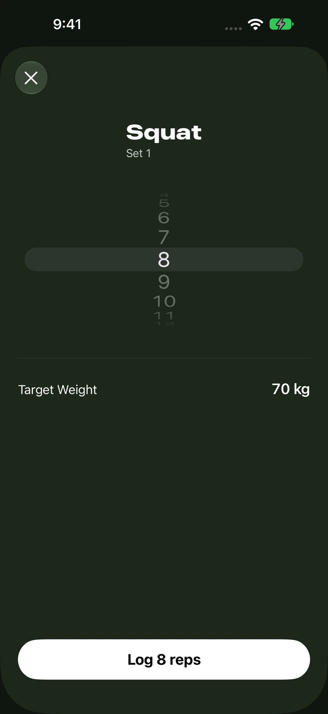 Confirm the reps and weight for a completed Squat set.
