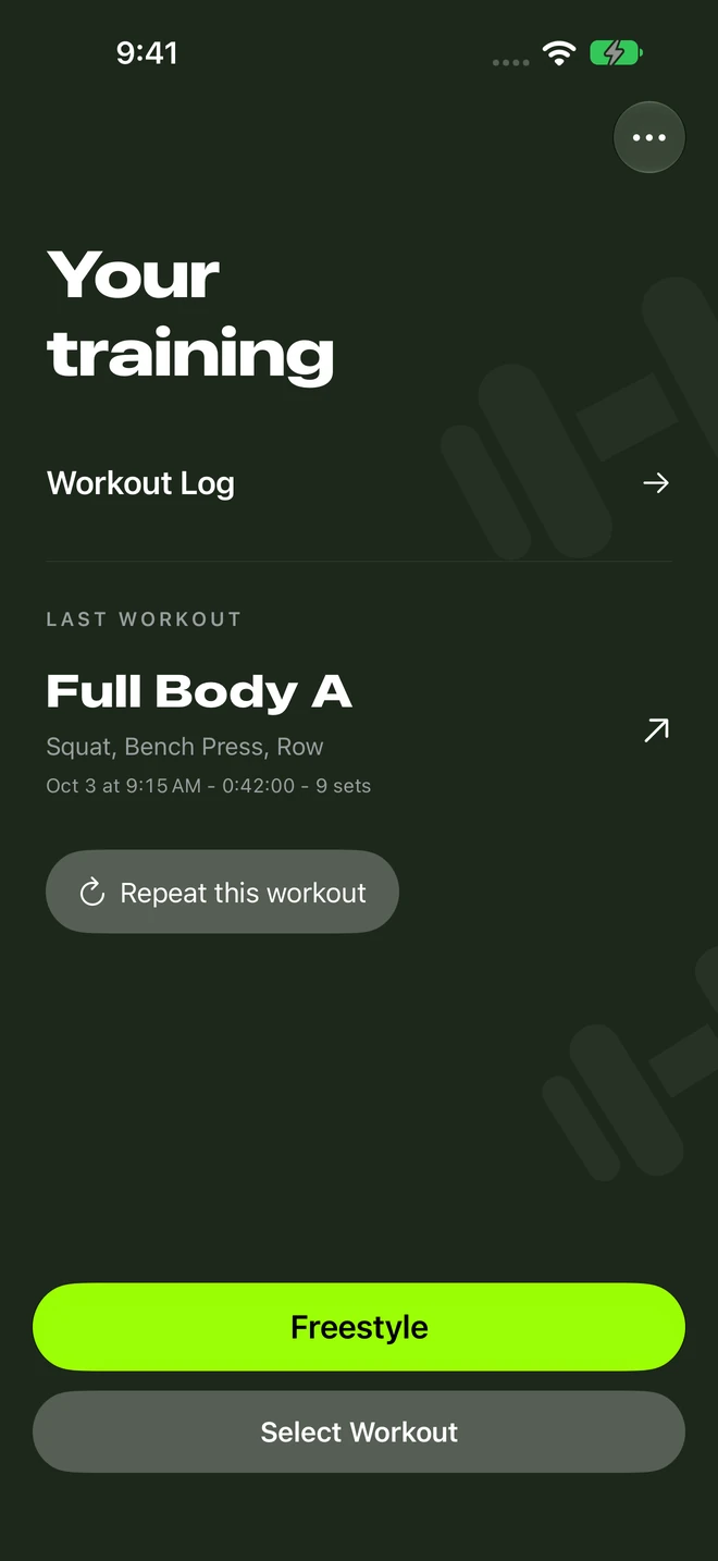 Your training: Full Body A saved yesterday, with 9 sets logged in 42 minutes.