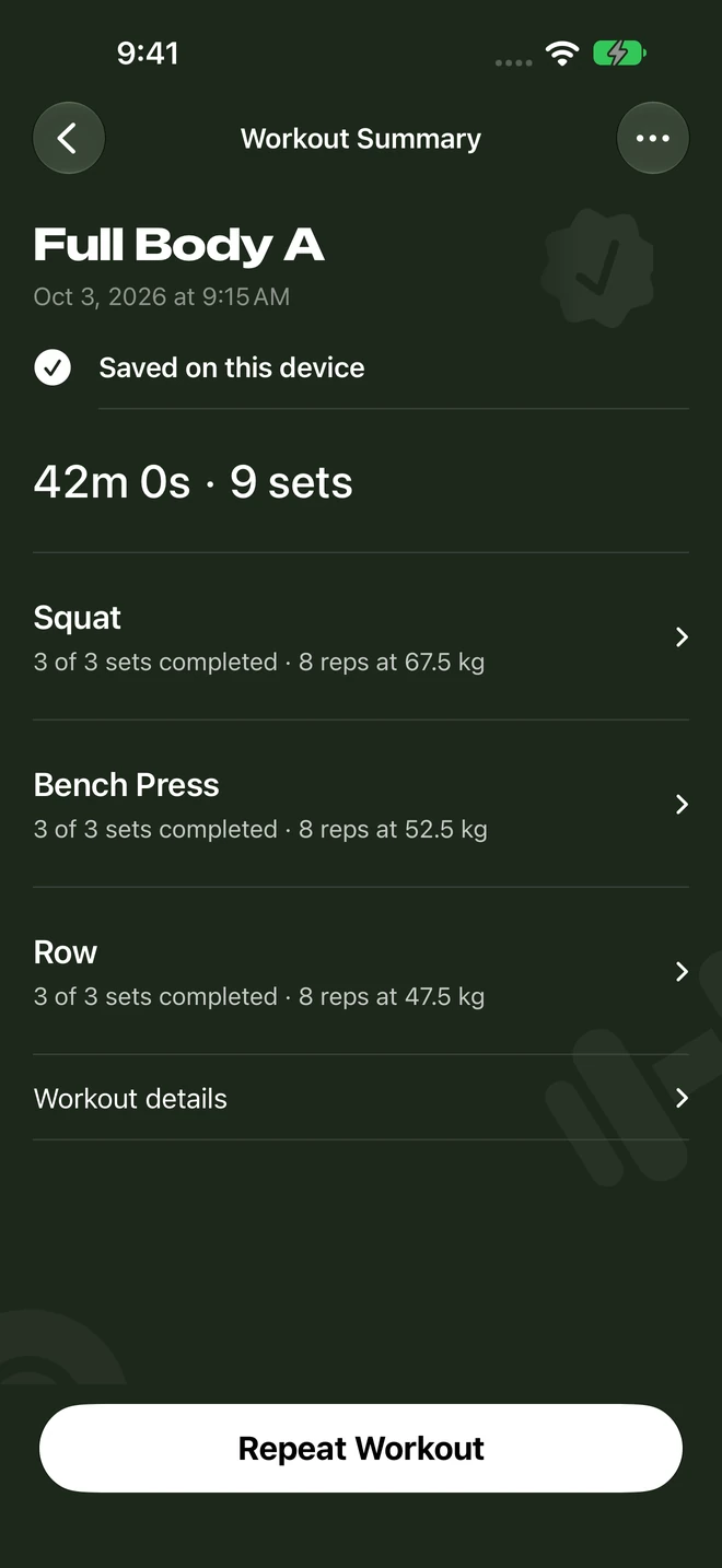 A completed Full Body A session with its confirmed exercise results.